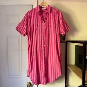 LMND pink‎ striped cotton button up short sleeve mini shirt dress